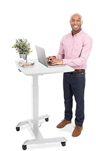 Stand Steady Multifunctional Mobile Podium Desk | Portable Sit to Stand Lectern with Pneumatic Height Adjustment & Tilting Desktop | Rolling Laptop Stand | Mobile Desk for School, Home, Office (White)