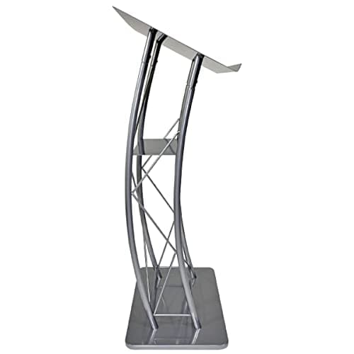 Kingdom KML2S Large Curved Lectern with Shelf, Stand Up Church Pulpit, Slanted Lectern, Conference Podium for Speakers, Speeches, and Other Occasions- Truss Lectern, Silver Powder Coat Finish, Metal