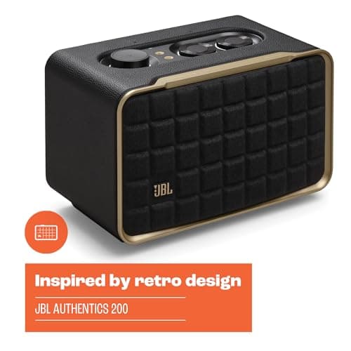 JBL Authentics 200 - Retro Style Smart Home Speaker with Built in Wi-Fi, Bluetooth and Voice Assistants, Alexa and Google Assistant, Multi-Room Playback, Automatic self Tuning (White/Gold)