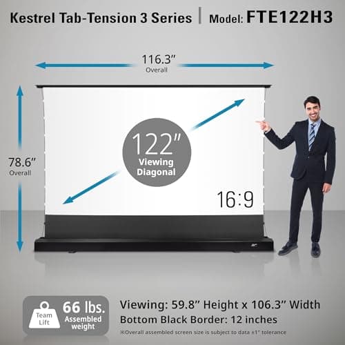 EliteProjector Screens Kestrel Tab-Tension 3 CineWhite, 122" Diag., 16:9 Aspect Ratio, ISF Certified 4K/8K Ultra HD Electric Floor-Rising Motorized Tab-Tensioned Front Projector Screen, FTE122H3