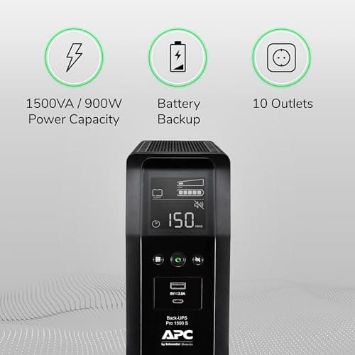 APC UPS 1500VA Sine Wave UPS Battery Backup, BR1500MS2 Backup Battery Power Supply, AVR, 10 Outlets, (2) USB Charger Ports