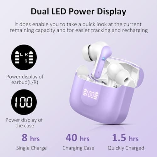Wireless Earbuds, 2025 Bluetooth 5.4 Headphones NEW Ear Buds 40H Bass Stereo in-Ear Earphones ENC Noise Cancelling Earbuds with 4 HD Mic, USB-C LED Display IP7 Waterproof Sport Headset for Android iOS