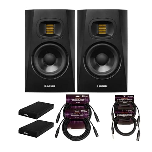 Adam Audio T5V 5-Inch Powered Studio Monitor (2-Pack) Bundle with Isolation Pads, 1/4-Inch TRS to XLR Male to Male Balanced Cable (10-Feet, 2-Pack) and 25-Feet XLR Cable (6 Items)