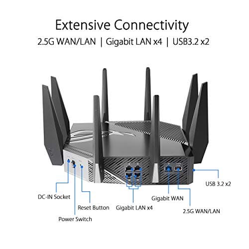 ASUS ROG Rapture GT-AXE11000 Tri-band WiFi 6E Extendable Gaming Router, 6GHz Band, 2.5G Port, Triple-level Game Acceleration, VPN Fusion, Subscription-free Network Security, AiMesh Compatible