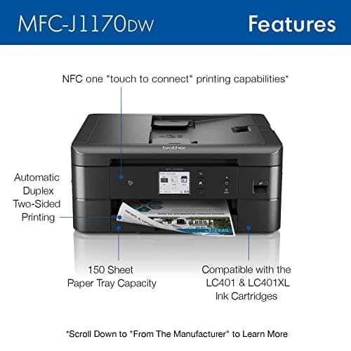 Brother MFC-J1170DW Wireless Color Inkjet All-in-One Printer, NFC One-Touch Print, Duplex, Cloud Print & Scan, Mobile App Control, 2.7" Touchscreen, Works with Alexa