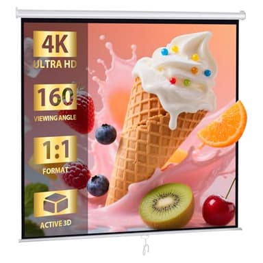 SUPER DEAL 120'' Projector Screen, Retractable Projection Screen Manual Pull Down HD Screen 1:1 Format for Home Cinema Theater Presentation Education Outdoor Indoor Public Display