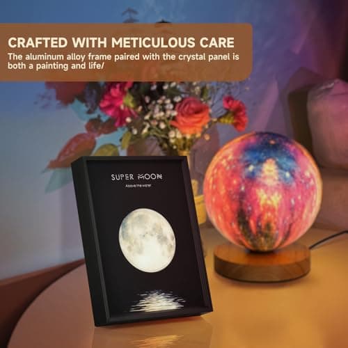 Super Moon Wireless Bluetooth Speaker Wall Art, LED Moon Light Decoration, Black Frame with Music Player Gift