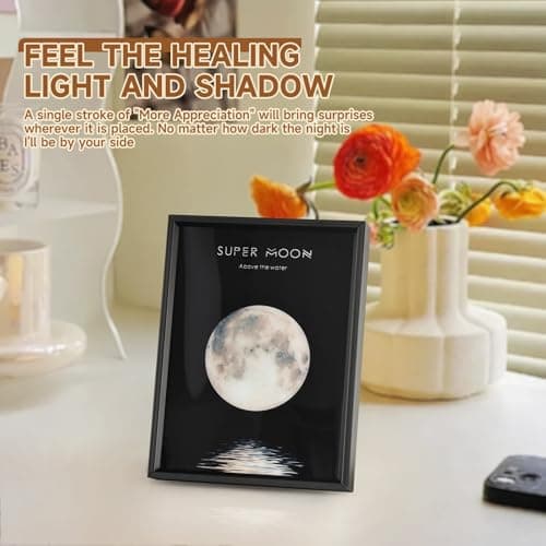 Super Moon Wireless Bluetooth Speaker Wall Art, LED Moon Light Decoration, Black Frame with Music Player Gift