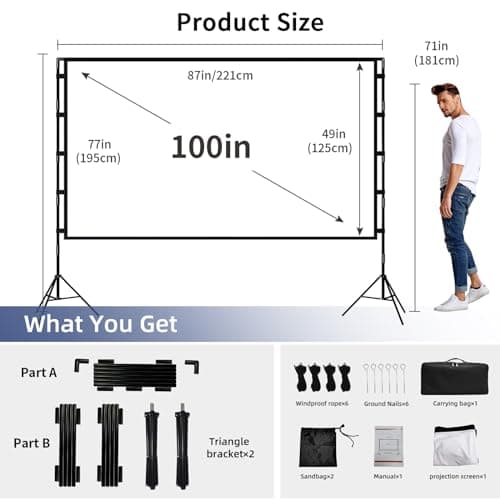 Projector Screen with Stand, Wootfairy 100 inch Foldable and Portable Projection Screen 16:9 4K HD Rear Front Wrinkle-Free Movie Screen with Carry Bag for Indoor Outdoor Home Theater Backyard Cinema