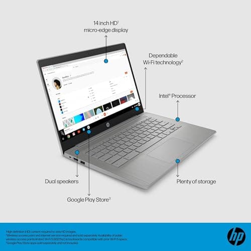 HP Chromebook 14 Laptop (14" HD, Intel 4-Core Celeron N4120, 4GB RAM, 64GB SSD, UHD Graphics 600) for Home & Student, Light Weight & 14-Hr Battery Life, Webcam, Wi-Fi, IST HUB, Chrome OS, Grey