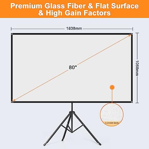 Projector Screen with Stand, 80 Inch Portable Projector Screen Outdoor Indoor, 1.2 Gain Fiberglass Projection Screen, 16:9 Outdoor Movie PVC Screen with Carrying Bag for Movie Night (White Screen)