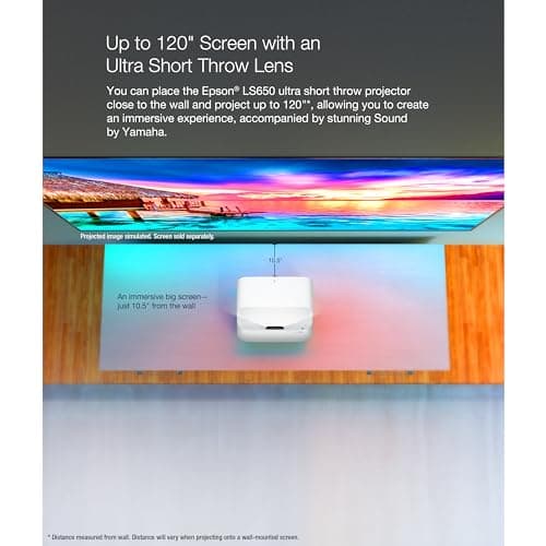 Epson EpiqVision Ultra LS650 Ultra Short Throw 3-Chip 3LCD Smart Streaming Laser Projector, 4K PRO-UHD, HDR, 3,600 Lumens, up to 120", Epson Setting Assistant, Android TV, Sound by Yamaha - White
