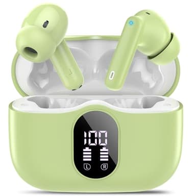 Wireless Earbuds, Bluetooth 5.4 Headphones Bass Stereo, Ear Buds with Noise Cancelling Mic, IP7 Waterproof in Ear Earphones, 36H LED Display Bluetooth Earbuds for Laptop Pad Phones Sports, Grass Green