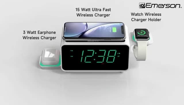 Emerson Smartset Dual Alarm Clock FM Radio with Wireless Charging, Bluetooth Speaker, Ultra Fast Charging for Airpods/iPhone, Foldable Stand, USB Charger, Adjustable LED Glow, ER100501