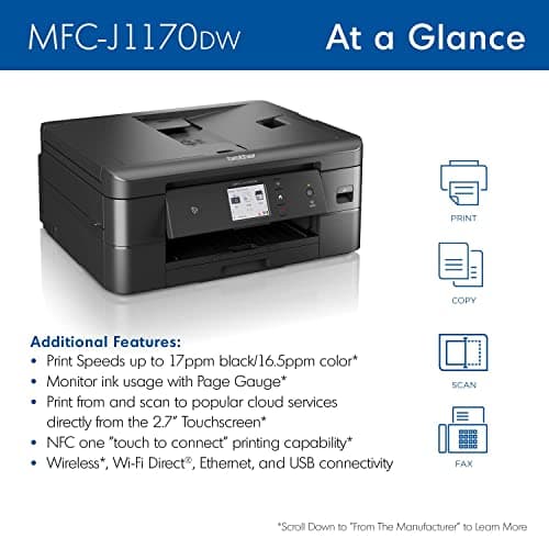 Brother MFC-J1170DW Wireless Color Inkjet All-in-One Printer, NFC One-Touch Print, Duplex, Cloud Print & Scan, Mobile App Control, 2.7" Touchscreen, Works with Alexa