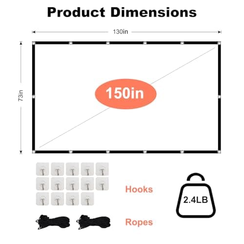 Projector Screen TOWOND 150 inch Projection Screen Indoor Outdoor Washable Anti-Crease 16:9 HD Rear Front Movies Screen for Home Theater Office