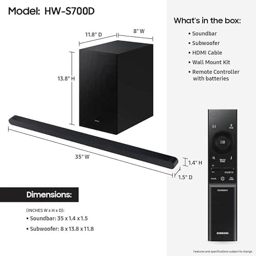 Samsung S700D 3.1ch Soundbar w/Wireless Dolby Atmos Audio, Ultra Slim Design, Q-Symphony, SpaceFit Sound Pro, Adaptive Sound, Game Mode Pro, HW-S700D/ZA