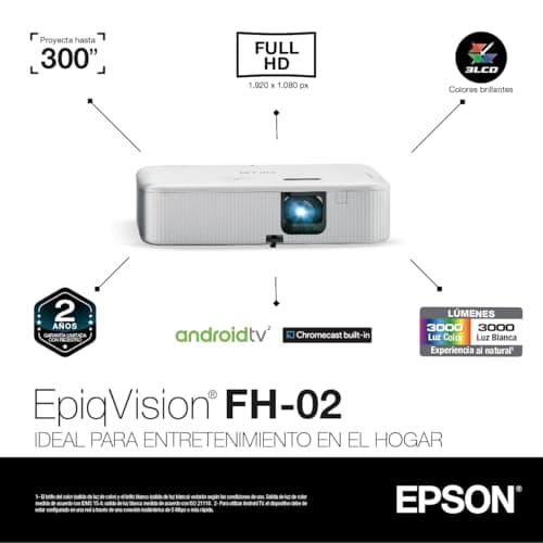 Epson EpiqVision Flex CO-FH02 Full HD 1080p Smart Streaming Portable Projector, 3-Chip 3LCD, 3,000 Lumen Color/White Brightness, Android TV, Bluetooth, 5W Speaker, Home Entertainment