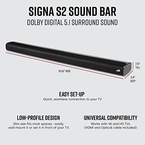 Polk Audio Signa S2 Sound Bar & Wireless Subwoofer – Exclusive VoiceAdjust Technology, Ultra-Slim Design, Works with 4K & HD TVs, HDMI & Optical, Bluetooth, Wireless Streaming