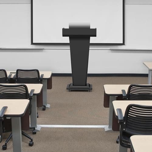 Heavy-Duty Black Metal Podium Stand with Lockable Wheels | Mobile Lectern with Storage Cabinet & Adjustable Height | for Conference Rooms, Churches, Classrooms & Events