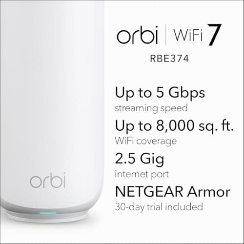 NETGEAR Orbi 370 Series Dual-Band WiFi 7 Mesh Network System for Home (RBE374) - Wireless Router + 3 Extenders, Security Features, 5 Gbps, Covers 8,000 sq.ft., 70 Devices, 2.5GB Internet Port, BE5000