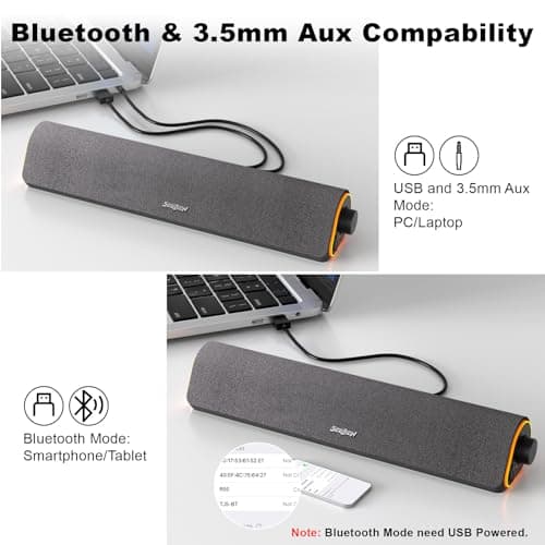 SOULION R50 Bluetooth Computer Speakers, 3.5mm PC Sound Bar for Desktop Monitor, Wired USB Powered & Colorful LED Lights with Switch Button, Surround Sound Soundbar PC Spearkers for Computer
