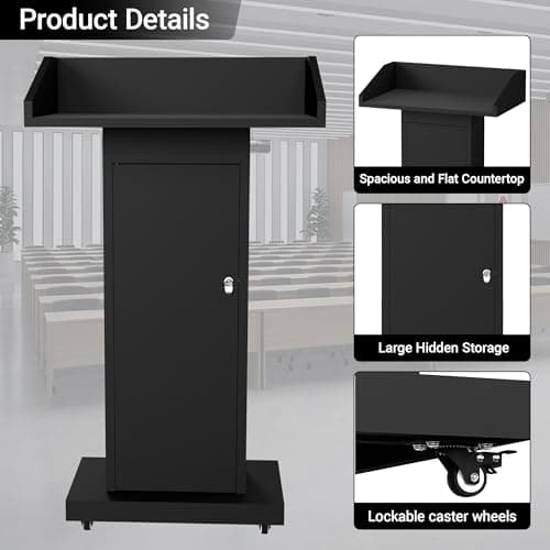 GARVIN Podium Stand with 4 Lockable Wheels, Heavy-Duty Metal Lecterns & Podiums with Hidden Storage, 46.5”H Portable Pulpit for Church, School, Office and Conference, Black