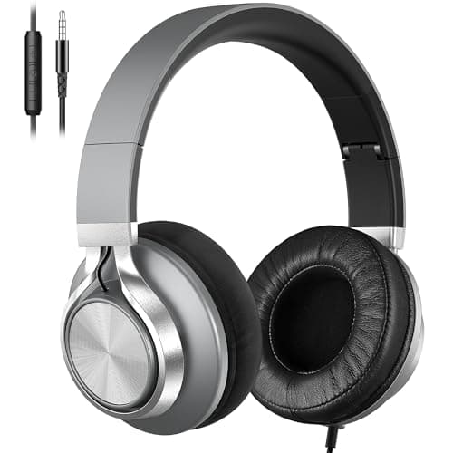 Over Ear Headphones Wired with Microphone - Noise Isolating Corded Headphones with Protein Leather Ear Cushions for Teens Adults,Fordable Head phones with Golded 3.5 mm Jack for Laptop Computer Tablet