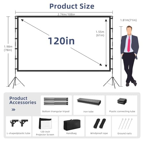 Projector Screen Outdoor, Vamvo Projector Screen with Stand Portable 120" Foldable ProjectorScreen, 10 Feet Indoor Movie-Screen with Carrying Bag for Home Theater Backyard Movie Night