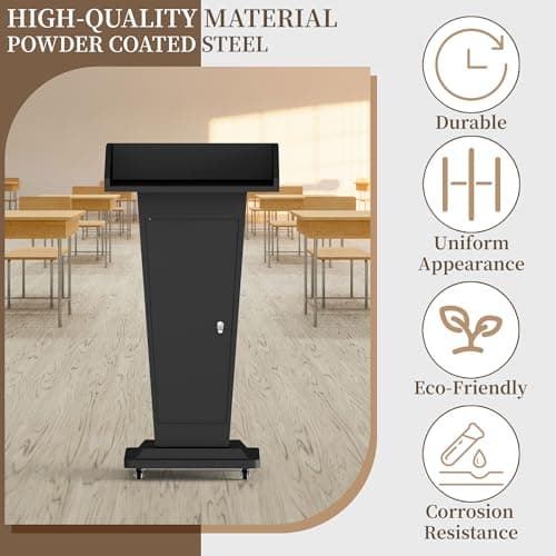 Heavy-Duty Black Metal Podium Stand with Lockable Wheels | Mobile Lectern with Storage Cabinet & Adjustable Height | for Conference Rooms, Churches, Classrooms & Events