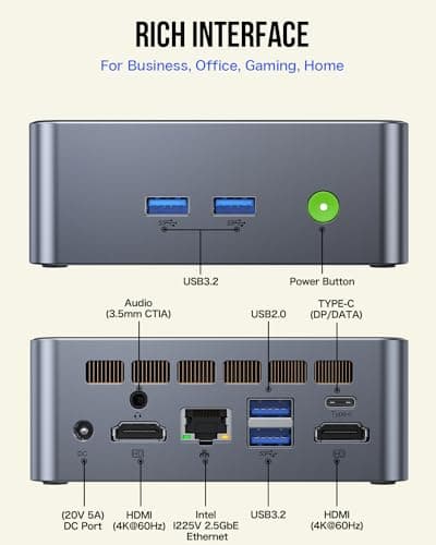 GMKtec Mini Desktop Computer, M3 Intel Core i5 12450H (8C/12T, up to 4.40GHz) Mini PC 16GB DDR4 (8GB*2) 512GB SSD, 2X HDMI 4K, 4X USB 3.2, USB-C, WiFi 6, BT 5.2, RJ45 2.5G Black