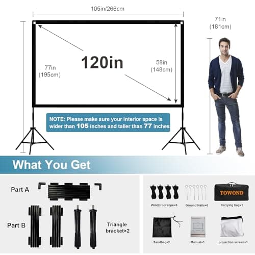 Projector Screen and Stand, Towond 120 inch Portable Movie Screen Indoor Outdoor 16:9 4K HD Front Rear Projection Screen with Carry Bag Wrinkle-Free and Foldable Design for Home Theater