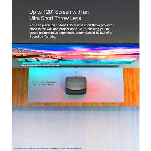 Epson EpiqVision Ultra LS650 Ultra Short Throw 3-Chip 3LCD Smart Streaming Laser Projector, 4K PRO-UHD, HDR, 3,600 Lumens, up to 120", Epson Setting Assistant, Android TV, Sound by Yamaha - Black