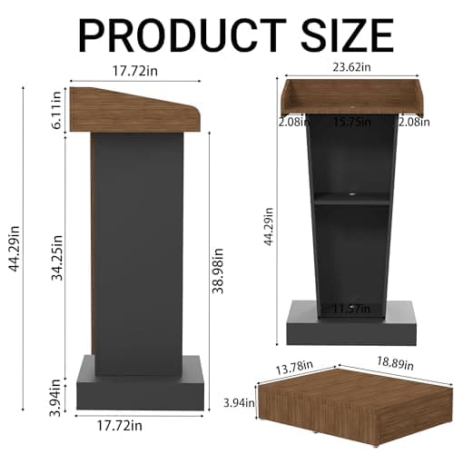 Wooden Podium Stand with Footrest, Rolling Lectern with Storage, 23.6” Desktop, Built-in Cable Holes, Sturdy Base, Mobile Pulpit for Churches, Conferences & Classrooms