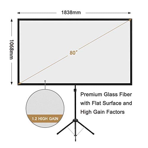 Portable Projector Screen with Stand, Outdoor Movie Screen, 80 Inch 16:9, Light-Weight, Mobile and Compact, Easy Setup and Carrying, Projection Screen with 1.2 Gain Glass Fiber, Idea for Home Cinema.