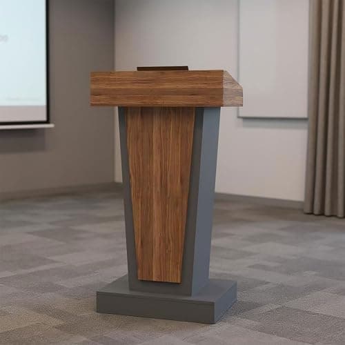 Wooden Podium Stand with Footrest, Rolling Lectern with Storage, 23.6” Desktop, Built-in Cable Holes, Sturdy Base, Mobile Pulpit for Churches, Conferences & Classrooms