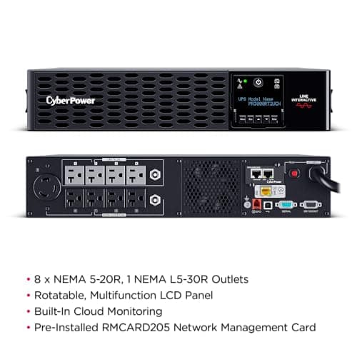CyberPower PR3000RT2UCN Smart App Sinewave UPS System, 3000VA/3000W, 8 Outlets, 2U Rack/Tower, AVR, RMCARD205 Pre-Installed, Built-in cloud monitoring