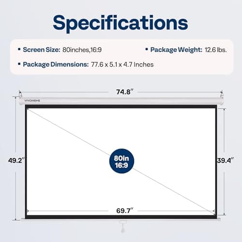 VIVOHOME Projector Screen Pull Down, 16:9 80 Inch Retractable Projection Screen, HD 4K Manual Pull Movie Screen for Home Theater, Cinema, Office (70x40 Inch White)