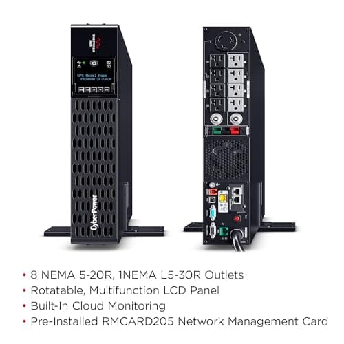 CyberPower PR3000RTXL2UACN Smart App Sinewave UPS System, 3000VA/3000W, 9 Outlets, 2U Rack/Tower, RMCARD205 Pre-Installed, EBM Option, Built-in Cloud