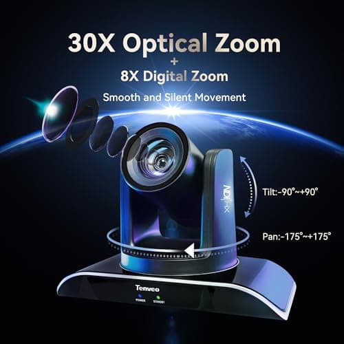 Tenveo AI Auto Tracking NDI PTZ Camera 3G-SDI/HDMI/USB3.0/LAN PoE 30X Optical+8X Digital Zoom IP Live Streaming Camera, FHD 1080P 60FPS for Church Services Worship Large Events Live Broadcast