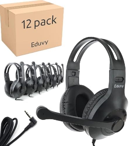 Bulk Headphones for Classroom with Microphone, Heavy-Duty School Pack Wired Headphones for Students with Rotating Boom Mic. Teacher Must Haves from Elementary to College (12 Pack Black)