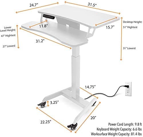 Stand Steady Cruizer Premier Electric Mobile Podium Desk with Keyboard Tray | Sit or Stand Height Adjustable Portable Standing Desk with Wheels | Portable Podium with Programmable Control Pad (White)