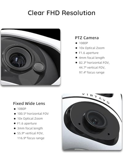 virtavo XD1 Indoor Security WiFi Camera, Wireless, Dual-Lens 360° PTZ Baby Monitor & Pet Cam, Motion Tracking, 2-Way Audio, Night Vision, Cloud/SD Storage, Phone App