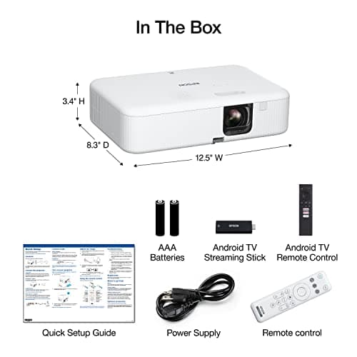 Epson EpiqVision Flex CO-FH02 Full HD 1080p Smart Streaming Portable Projector, 3-Chip 3LCD, 3,000 Lumen Color/White Brightness, Android TV, Bluetooth, 5W Speaker, Home Entertainment (Renewed)