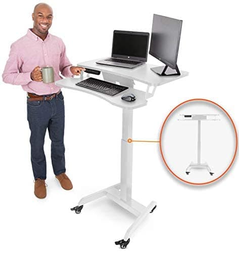Stand Steady Cruizer Premier Electric Mobile Podium Desk with Keyboard Tray | Sit or Stand Height Adjustable Portable Standing Desk with Wheels | Portable Podium with Programmable Control Pad (White)