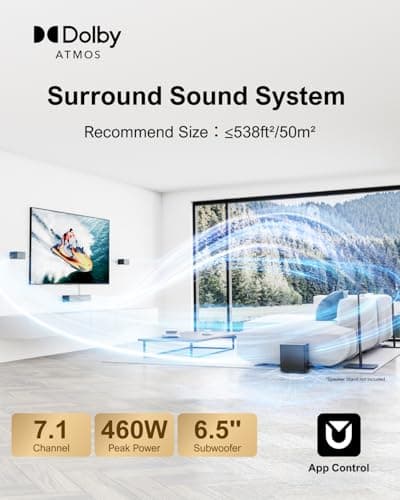 ULTIMEA 7.1Ch Soundbar with Dolby Atmos, APP Control, Surround Sound System for TV, 4 Wired Surround Speakers, Sound Bar for TV with 6.5" Wireless Subwoofer, Soundbar for TV, Poseidon D80 Upgraded