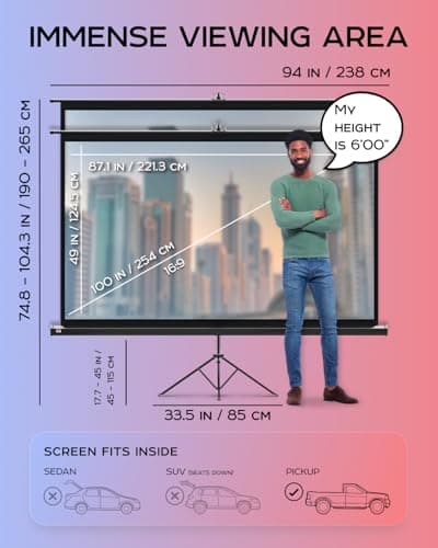 100 Inch Indoor and Outdoor Projector Screen with Stand for Movies or Presentations - HD Premium 16:9 Folding Free Tripod Screen with Carry Bag and Straps, Matte