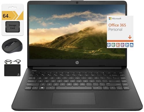 HP New 14" HD Ultra Light Thin Laptop, Quad-Core Intel Celeron Processor, 4GB RAM, 128GB (64GB eMMC+ 64GB Card), Wi-Fi, Upto 11 Hours, Windows 11 S + 1 Year Office 365+HubxcelAccessory, Black