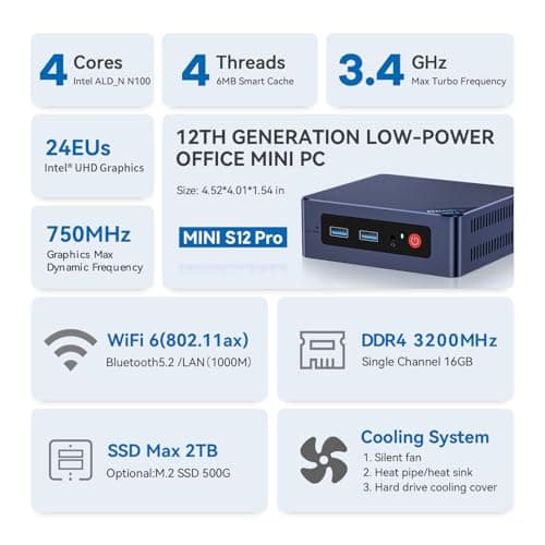 Beelink Mini PC, Mini S12 Pro Intel 12th N100(Up to 3.4GHz), 16GB DDR4 500GB M.2 SSD, Desktop Computers Support 4K Dual HDMI Display/WiFi6/BT5.2/USB3.2/1000Mbps LAN/WOL Home/Office