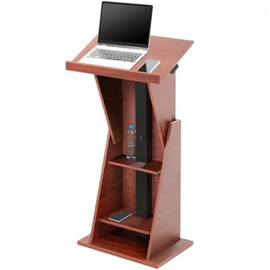 VIVO Pneumatic Height Adjustable Podium, Professional Presentation Lectern with 24 inch Platform and Storage Shelves, Dark Walnut, Stand-PDMH